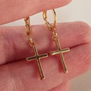 Mens 18K Yellow Gold Plated Smooth Cross Hoop Earrings Party Gift